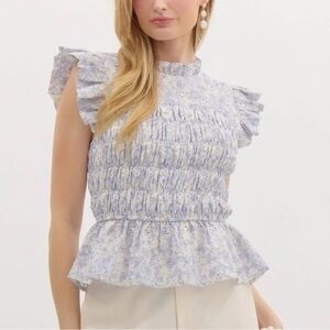 Entro Lavender Floral Ruffle Smocked Blouse